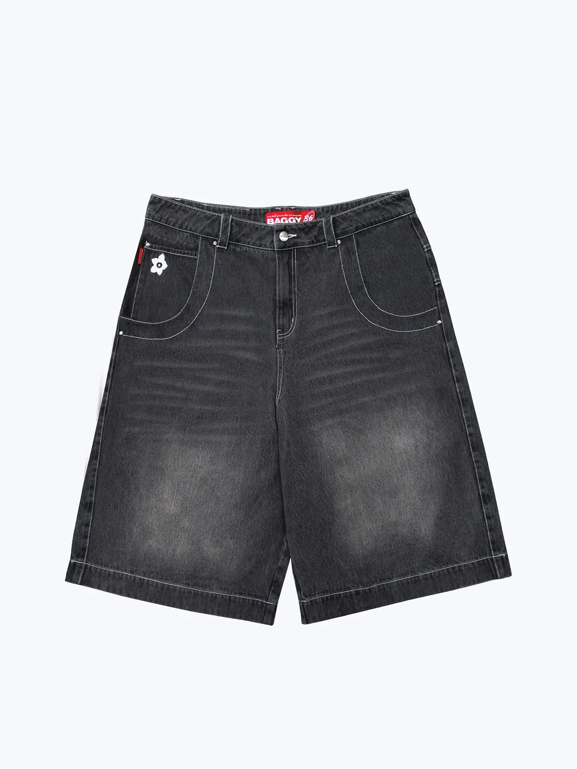 wide leg jorts, washed black — knackered